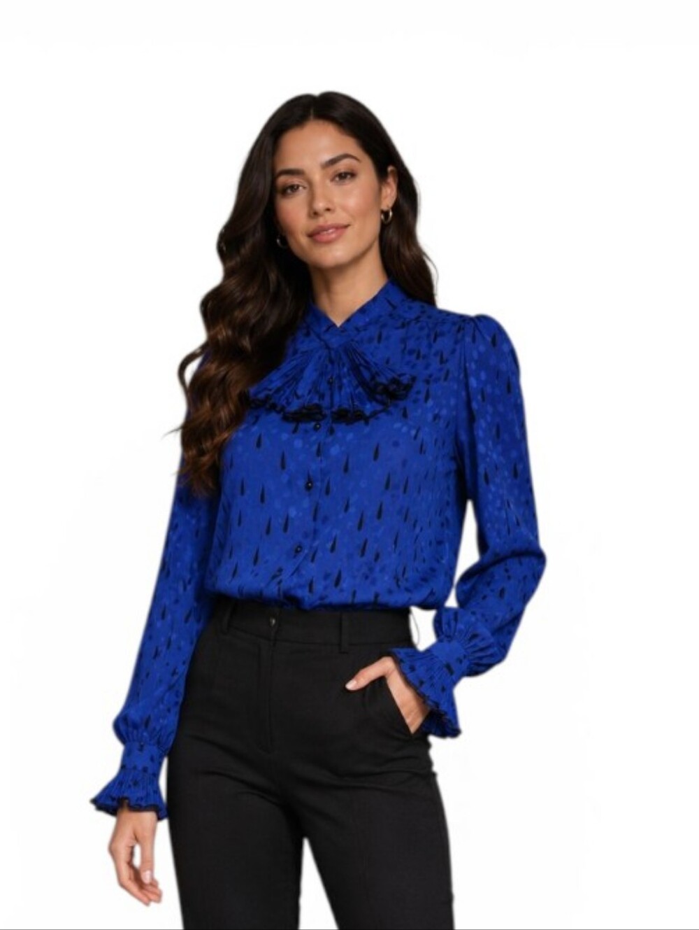 Vintage David Hayes 100% Silk Ruffle Blouse – Cobalt Blue Statement Top. Size 6